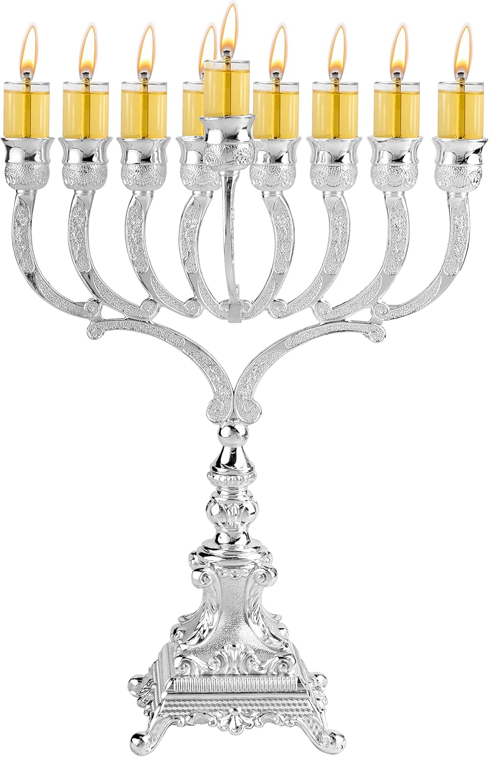 Hanukkah menorah with candles lit during the holiday