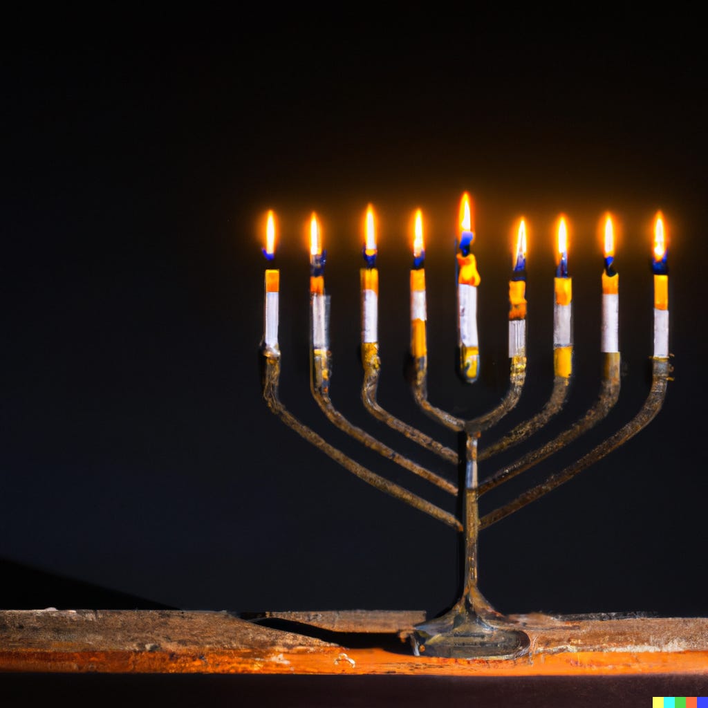 Multiple candles lit on a Hanukkah menorah during the festival