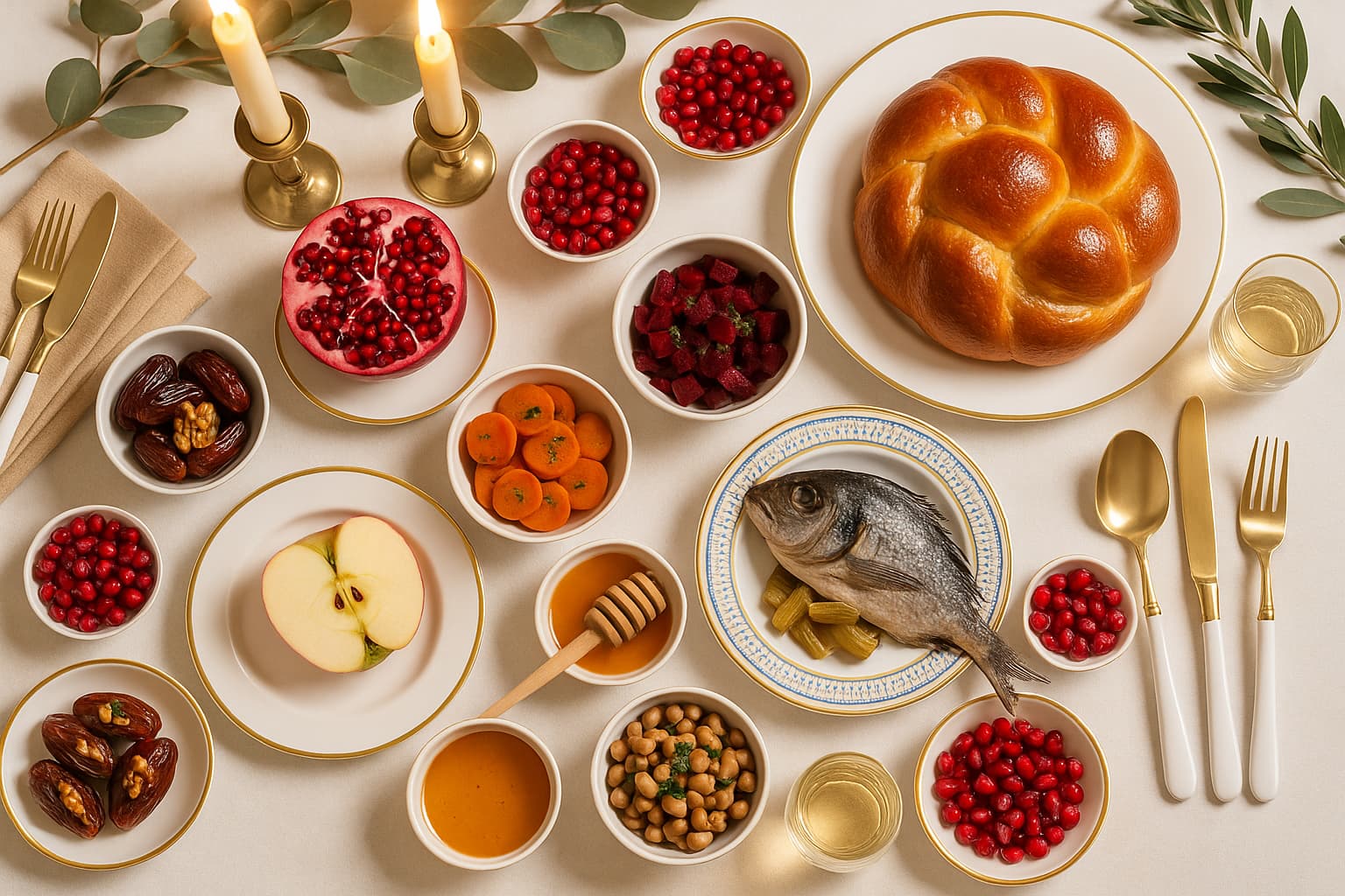 Rosh Hashanah table with apples honey and festive foods